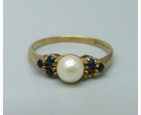 A 9ct gold, pearl and blue stone ring, 1.5g, N, lacking one blue stone 