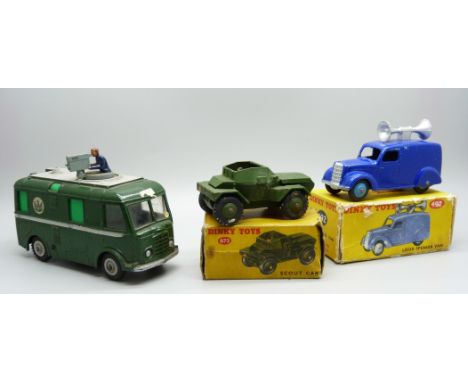 Three Dinky Toys - Scout Car, Loud Speaker van and TV Roving eye 