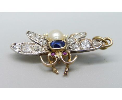 A diamond, sapphire and pearl set insect pendant with ruby eyes, 2g 