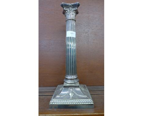 A plated Corinthian column candlestick/table lamp base, Goldsmiths &amp; Silversmiths, 36cm 