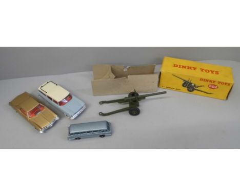 A boxed Dinky Toys no.692 5.5 Medium Gun, Dinky Toys no.193 Rambler Cross Country, Corgi Buick Riviera and Lesney Royal Tiger