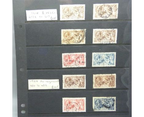 Stamps:- GB seahorses, all the listed shades for Bradley Wilkinson &amp; Co., 1918 and 1934 sets 