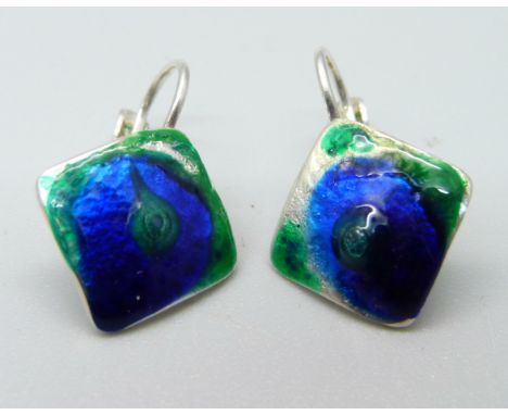 A pair of silver and enamel earrings, enamel a/f 