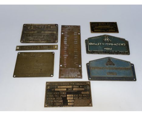 A tray of cast metal engine and other plates, to include a Sirocco maker's plate, Brotherhood plates and others