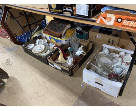 Under the table lot comprising mirror, rugs. three boxes of china and glassware, including a glass cockerel
