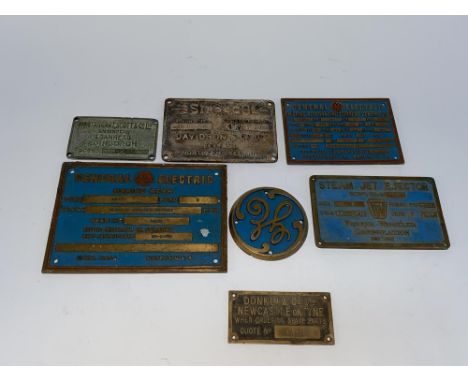 A tray of cast metal engine and other plates, to include a General Electric Marine Gear plate and a Donkin and Co. Limited of
