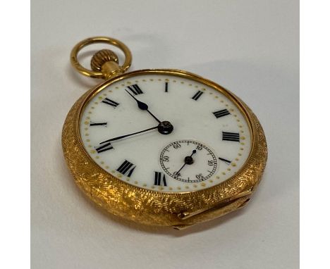 An 18ct gold cased Continental fob watch, with enamelled Roman dial, weight including movement 26.9g