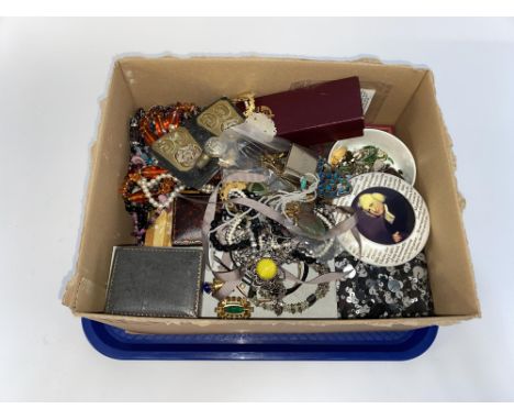 A box of costume jewellery, to include gold coloured cufflinks, enamelled jewellery, trinket boxes and Coldstream Guards shou