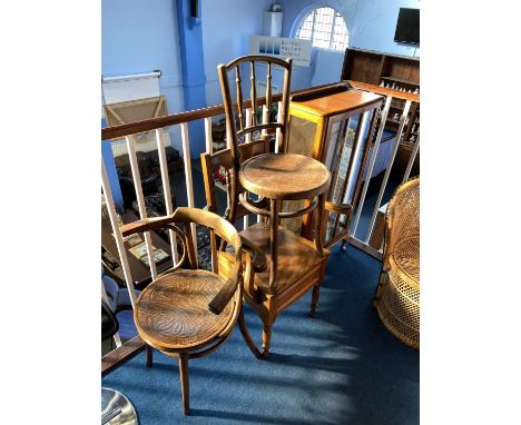 Walnut china cabinet, commode chair and two Bentwood chairs