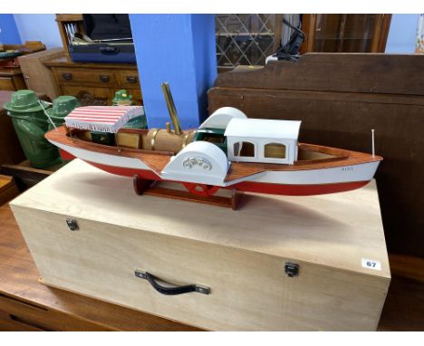 A scale model boat, 'Mississippi Style Steam Boat' by Unit Steam Engines with internal workings and case (no control), 85cm L