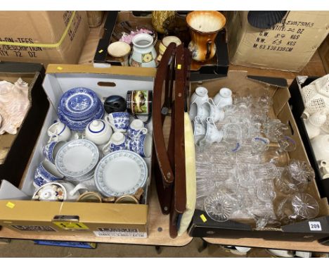Two boxes of glassware, ceramics and a stool