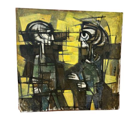 Modernist, unsigned, oil on board, 'Abstract', 92cm x 94cm and a portrait of a nude and another abstract print
