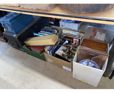 Under the table lot comprising two tool boxes, box of books, leather case, print and toys