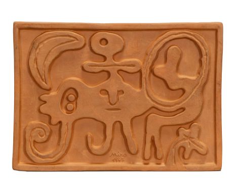 MIRO JOAN (1893 - 1983)Joan Miro 'plate' signed and 1947 dated terracotta plaque with a typical composition -    with on the 