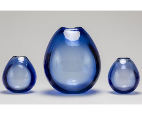 PER LUTKEN (1916 - 1998)larger (dated 1957) and two "Bell" vases with a Per Lutken design in blue glass made by Orrefors - al