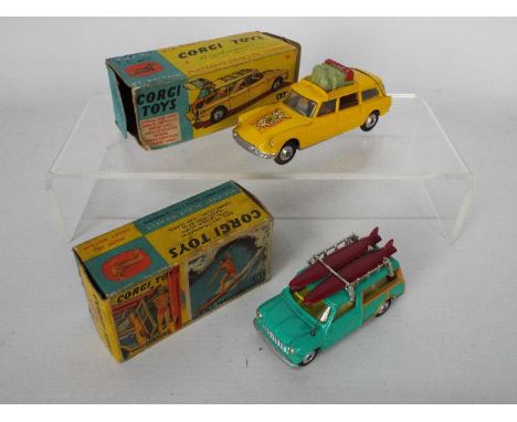 Corgi Toys - Two boxed vintage Corgi Toys. Lot includes Corgi Toys #485 Mini Countryman with Surfer in sea green with lemon i