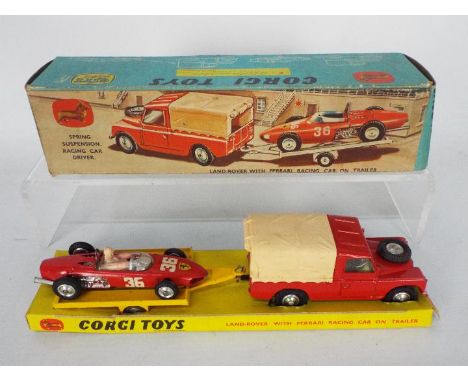 Corgi Toys - A boxed Corgi Toys Gift Set #17 Land Rover with Ferrari Racing Car on Trailer. The red Land Rover with yellow in