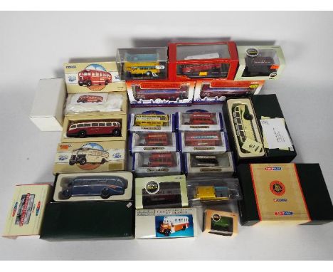 A boxed collection of diecast vehicles in various scales, predominately model buses. Lot includes Corgi Classic #33101 'Publi