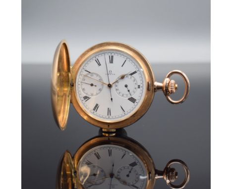 OMEGA Herrensavonette mit Chronograph in RoséG 585/000,  Schweiz um 1915, 3 Deckel- Goldgeh. l. dell., Emailzifferbl. m. röm.