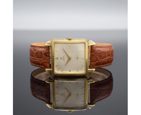 OMEGA Referenz 3903 quadratische Armbanduhr mit Hammerautomatik in GG 585/000,  Schweiz um 1950, gedr. Geh., silb. Zifferbl. 