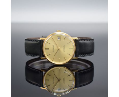 DUGENA Armbanduhr in GG 585/000,  Schweiz um 1965, Automatik, Geh. angel., Boden m. Widmung aufgedr., gold. Zifferbl. m. aufg