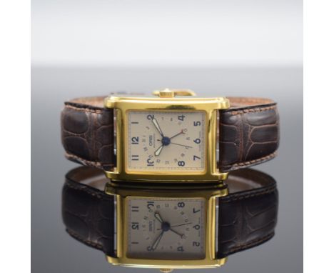 ORIS rechteckige vergoldete Armbanduhr mit Zeigerdatum in Stahl,  Schweiz um 1995, Ref. B7460, Boden 4-fach verschr., silb. Z