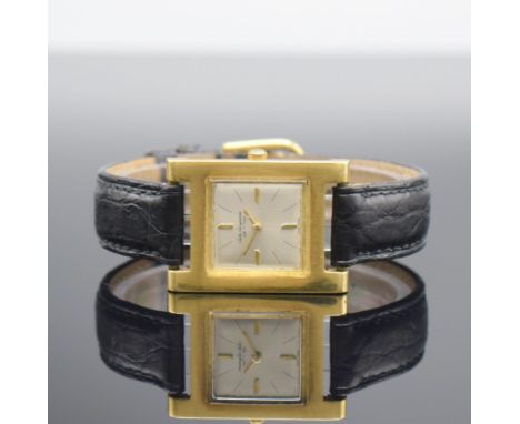 JULES JUERGENSEN Armbanduhr in GG 750/000,  Handaufzug, Schweiz um 1968, Carree-Arrondee- Geh., Boden aufgedr., verg. Rundank