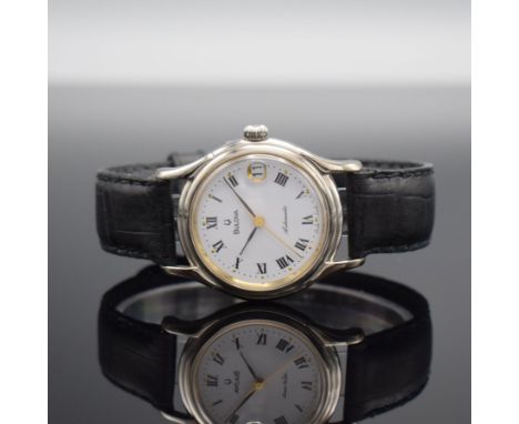 BULOVA Armbanduhr,  Automatik, Schweiz um 1995, verchr. Gehäuse, beids. vergl., Boden verschr., weißes Zifferbl. m. röm. Zahl