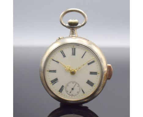 Offene Taschenuhr mit 1/4-Stunden- Repetition,  Schweiz um 1900, Silbergeh., Rückseite guill., Emailzifferbl. m. röm. Zahlen 