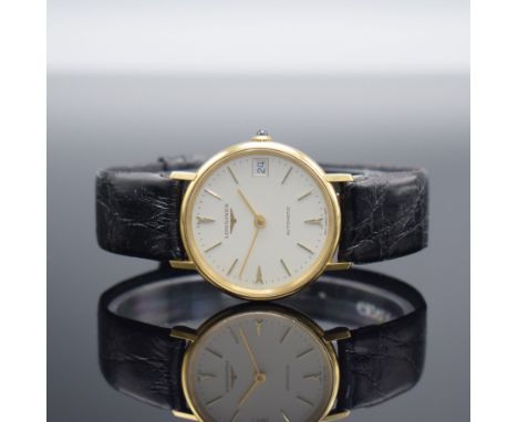 LONGINES Damenarmbanduhr in GG 750/000,  Schweiz um 1980, Automatik, Boden aufgedr., neutr. Lederband m. verg. orig. Dornschl