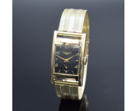 LONGINES Goldfilled Armbanduhr an GG 585/000 Band,  Schweiz/USA um 1950, Handaufzug, Boden aufgedr., schwarzes Kontrastziffer