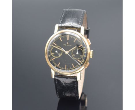 ZENITH Schaltradchronograph in Roségold 750/000,  Schweiz um 1958, Handaufzug, Boden aufgedr., neutr. Krone, schwarzes Ziffer