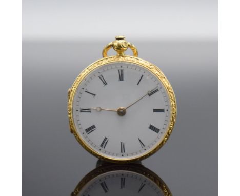 Offene Spindeltaschenuhr in GG 750/000,  Schweiz um 1840, 3-teil. aufklappbares Gehäuse aufw. grav., Münzrand, Emailzifferbl.