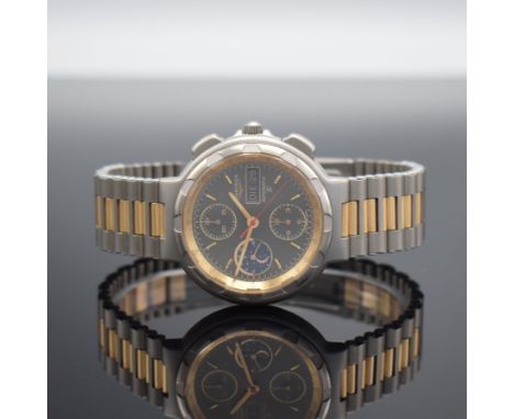 LONGINES Conquest Herrenarmbanduhr mit Chronograph &amp; Mondphase in Titan/Gold,  Schweiz um 1980, Automatik, Boden aufgedr.