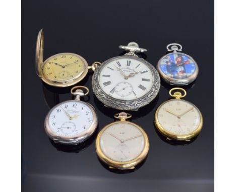 5 offene und 1 Savonette Herrentaschenuhr,  Schweiz/Deutschland/Frankreich um 1900-1952, z. T. namhafte Hersteller, teils ver
