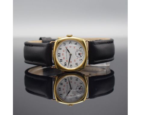 IWC frühe, seltene Armbanduhr in GG 750/000 mit Kaliber 64T,  Schweiz um 1925, 2-teil., kissenförm. Scharniergehäuse, Emailzi