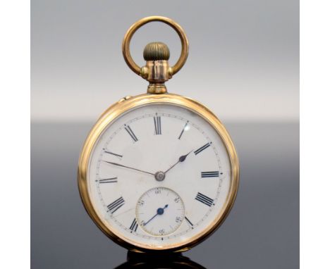 Offene Taschenuhr in RoseG 585/000,  Schweiz um 1900, Emailzifferbl. m. röm. Zahlen besch., gebl. Zeiger, Metallcuvette, Rück