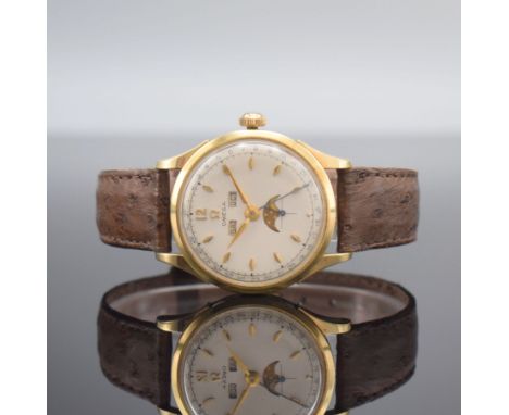 OMEGA Cosmic Herrenarmbanduhr mit Vollkalenderanzeige inklusive Mondphase Referenz 2606-5,  Handaufzug, Schweiz um 1951, Edel