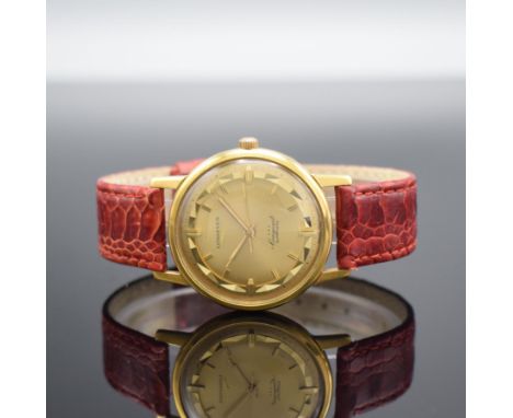 LONGINES Conquest Herrenarmbanduhr in GG 750/000 Referenz 9021 3,  Schweiz um 1960, Automatik, Boden m. Emailplakette verschr