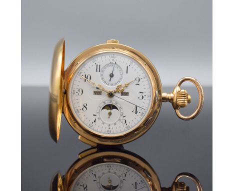 Astronomische Savonette Herrentaschenuhr mit 1/4-Stunden-Repetition &amp; Vollkalender in RG 750/000, Schweiz um 1900, glatte