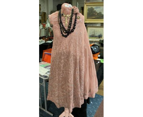 EARLY LADIES DRESS ON MANNEQUIN WITH COSTUME JEWELLERY
