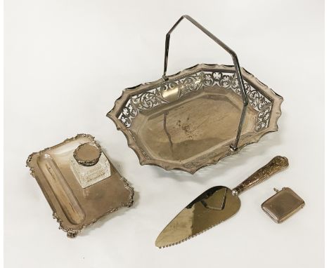 HM SILVER INKWELL WITH HM SILVER VESTA CASE WITH A SILVER HANDLED CAKE SLICE - 620 GRAMS EXCLUDING WEIGHT OF INKWELL &amp; CA