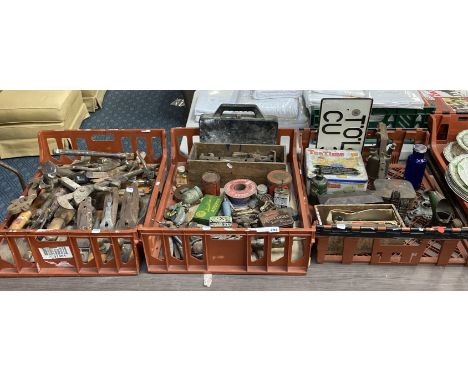 THREE TRAYS OF EARLY TOOLS INCL. PLANES, CASTROL OIL CAN, JAGUAR TOOL SET ETC