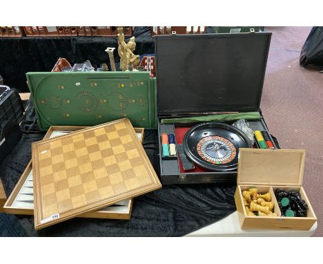 CHESS SET &amp; PIECES WITH AN EARLY BAGATELLE BOARD &amp; EARLY ROULETTE SET - WITHOUT BALL