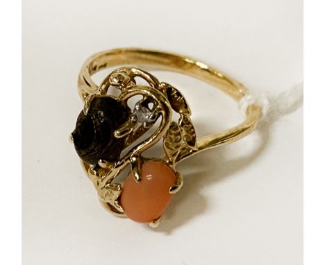 14CT GOLD CORAL DIAMOND &amp; TIGERS EYE RING - SIZE M