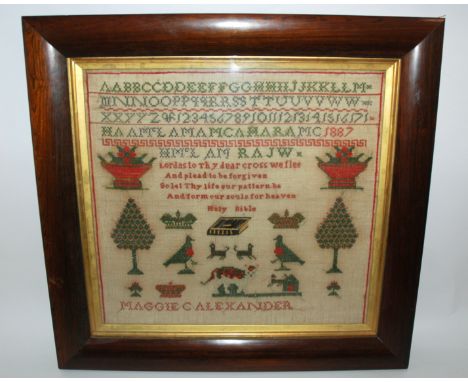 A VICTORIAN SAMPLER by Maggie Alexander, dated 1887 in rosewood frame, 41 x 44cm, with frame 56 x 59cm Condition Report: Avai
