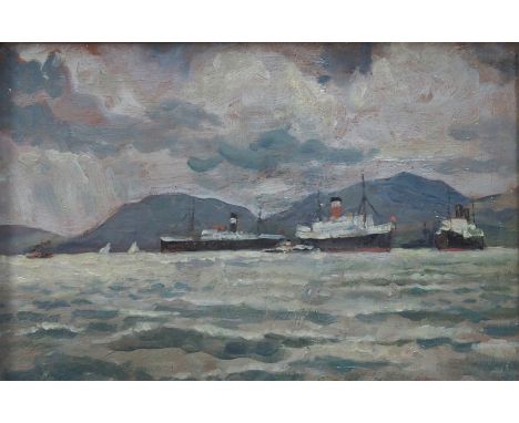 •NORMAN WILKINSON RBA, PRI, ROI (BRITISH 1878-1971) THREE LINERS AT THE TAIL OF THE BANK, 1912 Oil on board, signed verso, 18