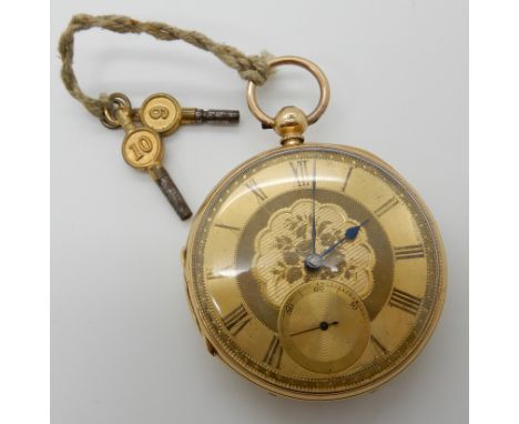 AN 18CT GOLD OPEN FACE POCKET WATCH by W. Flynn &amp; Son, London, hallmarked Chester 1889, with gold coloured dial black Rom