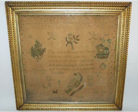 A GEORGE IV ALPHABET SAMPLER decorated with exotic birds by Isabella Town dated 1828, 53 x 53cm framed and glazed Condition R