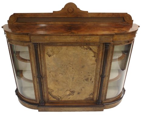 A VICTORIAN INLAID WALNUT CREDENZA with single door flanked by pillars and bow front glazed doors,enclosing shelves, 123cm hi